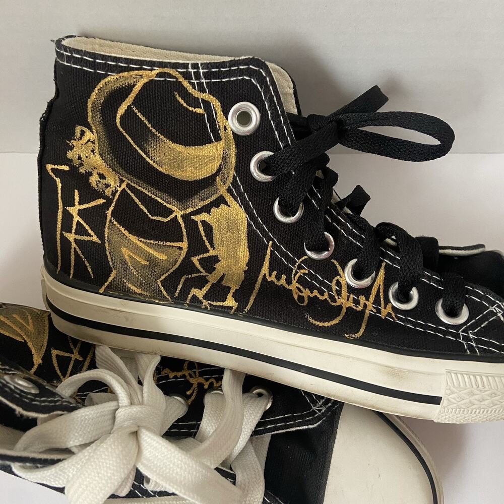 Rigess High Top Black Canvas Shoes With Gold MJ Artistic Graphics Size 5.5 Girls